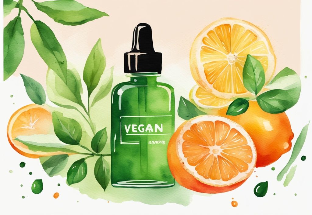 Modern watercolor illustration with green theme, vibrant orange serum dropper bottle, fresh citrus fruits, vegan sign