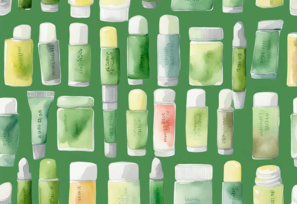 Modern watercolor illustration of colorful gluten-free lip balms on a soft natural background.