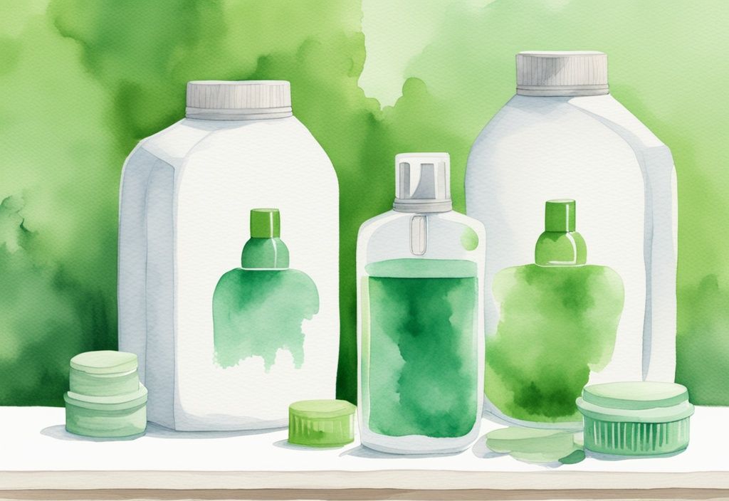 Modern watercolor illustration of colorful non-toxic laundry scent booster bottles on a white laundry room shelf with fresh clean laundry in the background.