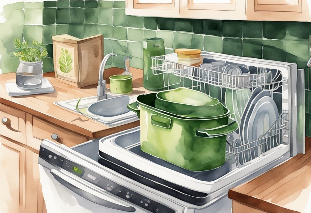 Modern green watercolor illustration of an open dishwasher with a shiny crock pot and clean dishes inside