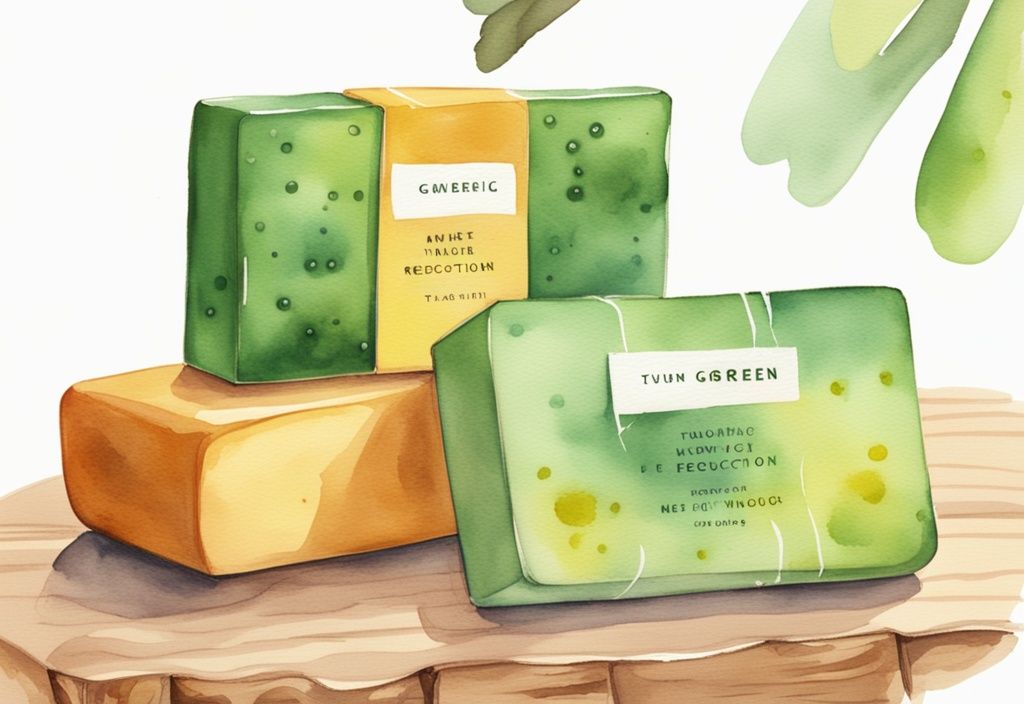 Modern watercolor illustration of the best turmeric soap for dark spots on a wooden ledge with a hand holding one bar, showcasing visible reductions of dark spots.