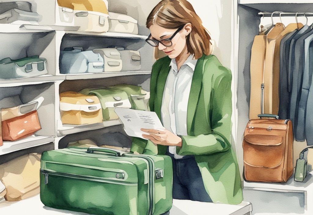 Modern green watercolor illustration of a consumer examining stylish, chemical-free luggage with tag, where to buy chemical free luggage.