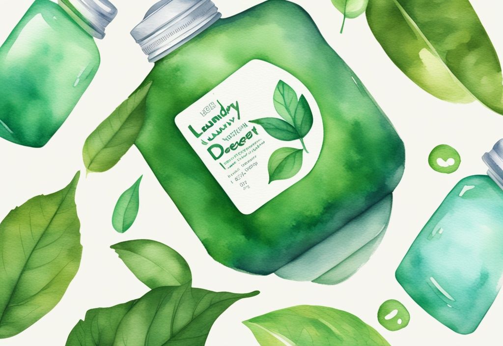 Modern watercolor illustration of 9 Elements laundry detergent non toxic, surrounded by green leaves and clear water.