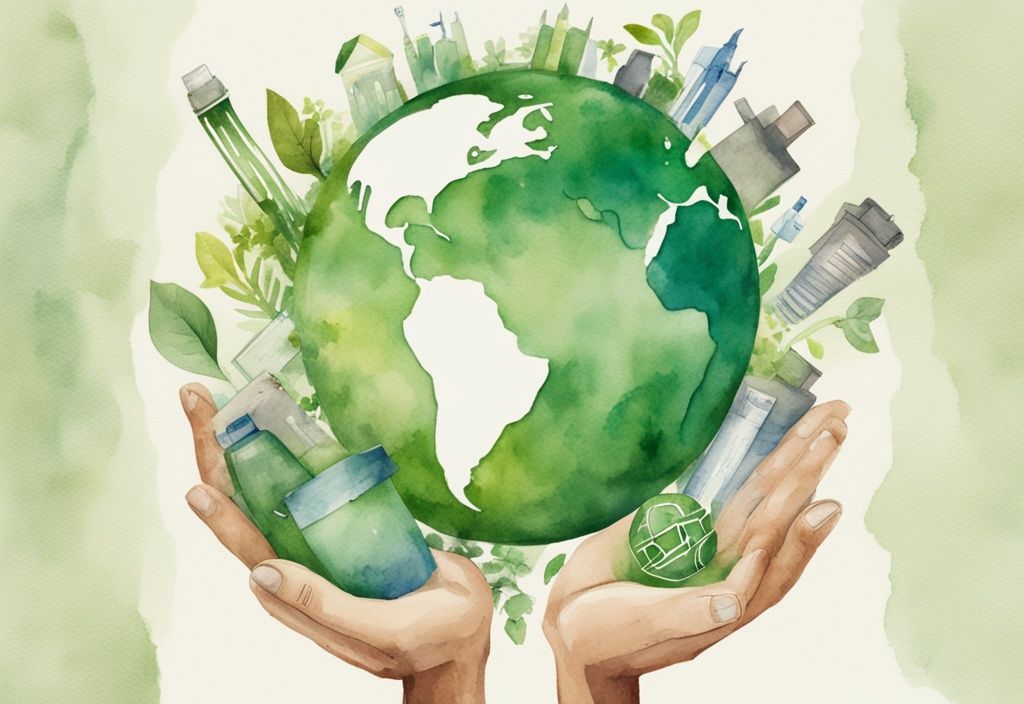 Modern watercolor illustration of green planet Earth with recycling symbol in human hands, surrounded by recyclable materials, highlighting why zero waste is important.