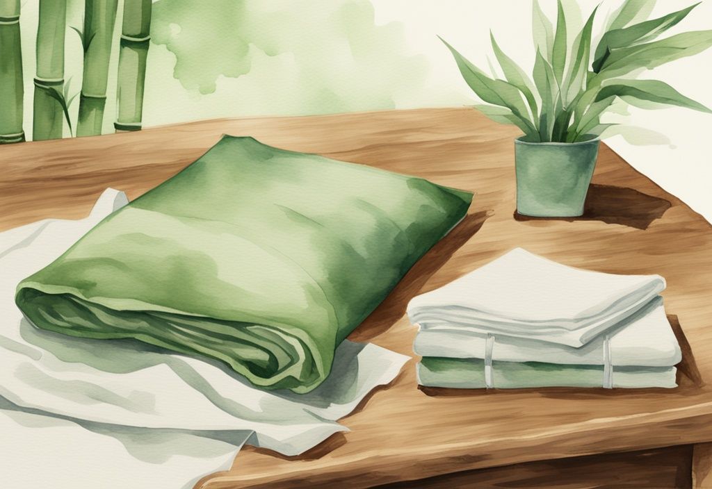 Modern watercolor illustration comparing neatly folded bamboo and linen sheets on a minimalistic wooden table, highlighting the differences in linen vs bamboo sheets.