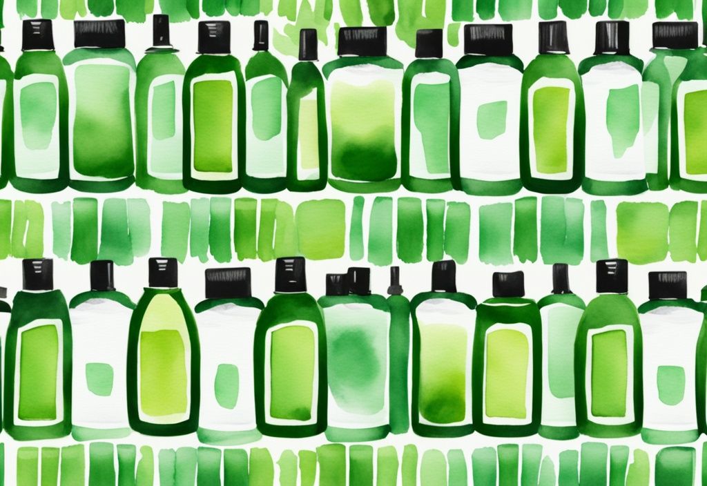 Modern watercolor illustration of green-themed Native shampoo bottles arranged in a row, each with a noticeable anti-dandruff label, answering the question: does Native shampoo help with dandruff.