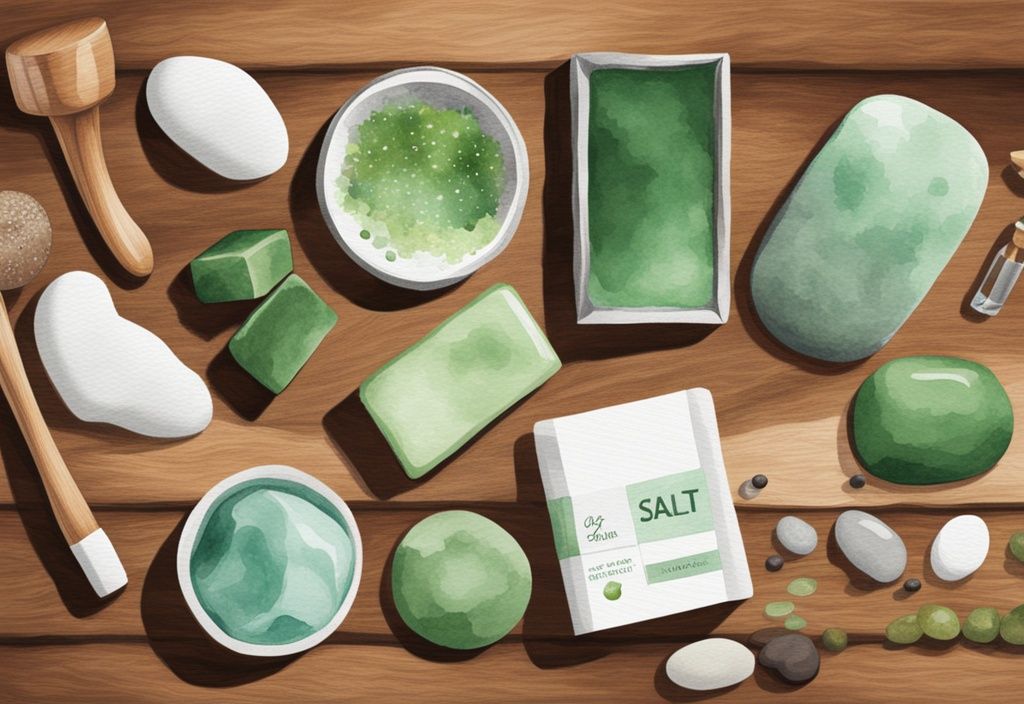 Modern watercolor illustration of salt and stone non-toxic products like soaps, bath salts, and spa stones on eco-friendly wooden tabletop.