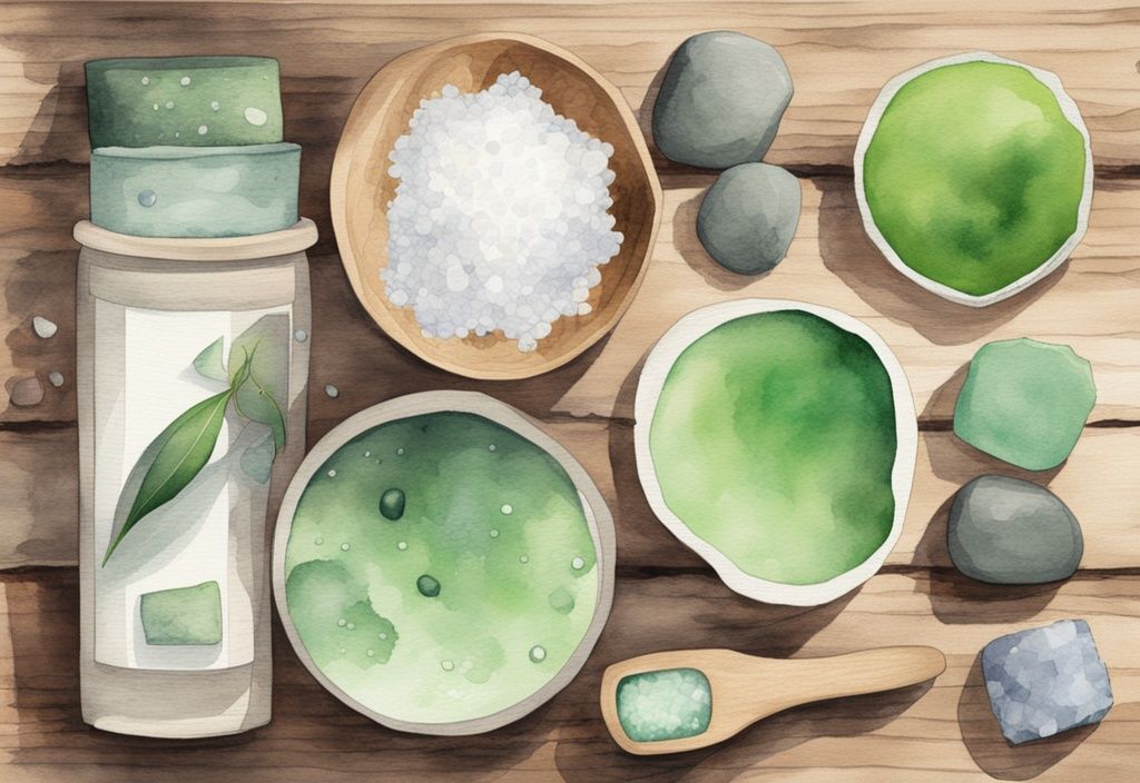 Modern watercolor illustration of eco-friendly wooden tabletop displaying non-toxic salt and stone products like soaps, bath salts, and spa stones with a green color theme.