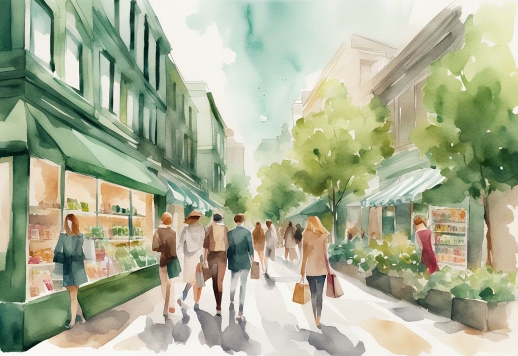 Modern watercolor illustration of a vibrant green-themed shopping street with high-end beauty retail stores similar to Sephora.