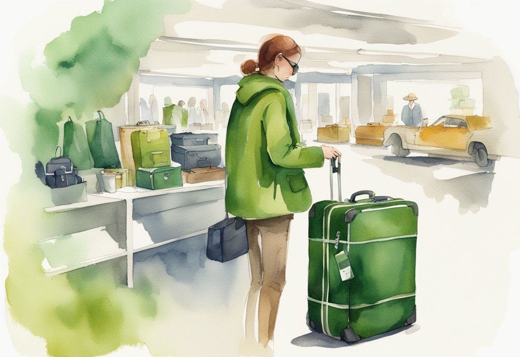 Modern watercolor illustration of a consumer examining stylish, chemical-free luggage; keyword: where to buy chemical free luggage.