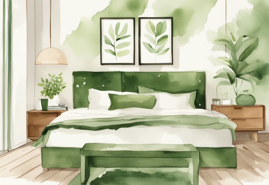 Modern green-themed watercolor illustration of minimalist chic bedroom furniture in a cozy, well-lit room with natural non-toxic materials