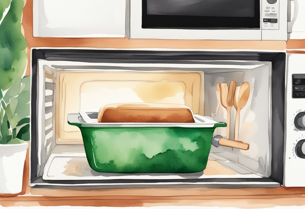 Modern watercolor illustration of a green-themed kitchen with a colorful silicone bakeware set inside an open microwave, highlighting that silicone microwave safe.