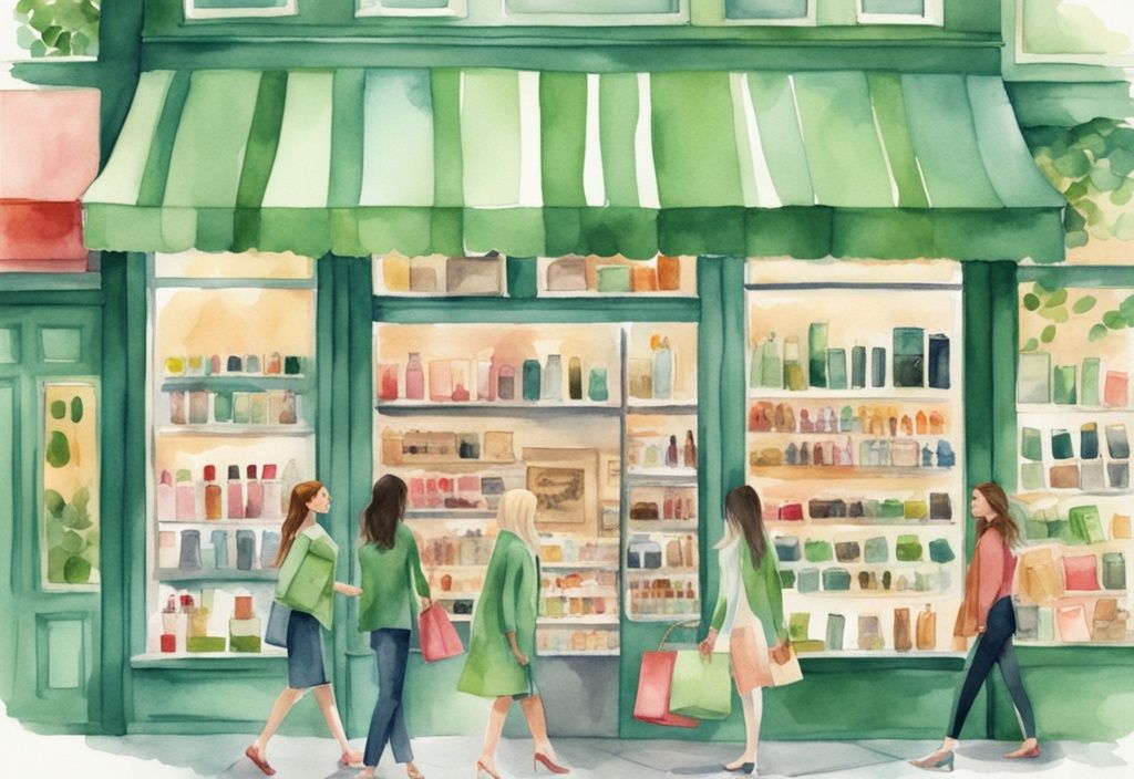 Modern watercolor illustration of a bustling shopping scene with stores like Sephora, featuring vibrant storefronts and colorful cosmetic products, main color theme green.