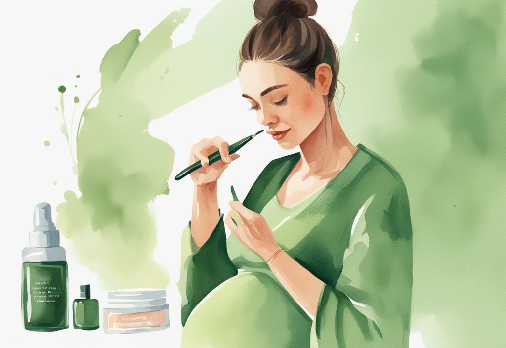 Modern watercolor illustration of a pregnant woman applying pregnancy safe eyelash serum with a brush, featuring a green color theme.