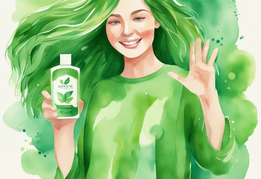 Modern watercolor illustration of a serene person with shiny hair applying native shampoo, featuring a green theme and a thumbs up symbol.