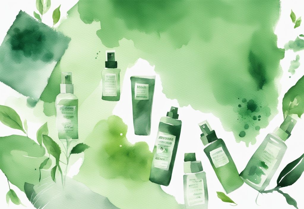 Modern watercolor illustration of green-themed non-toxic room sprays on a bright surface, some releasing fine mist.