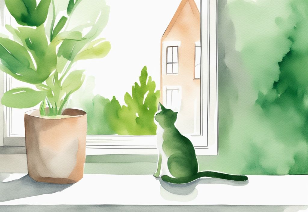 Modern watercolor illustration of a curious cat sniffing an Air Wick air freshener in a clean, safe home environment, addressing the question "is Air Wick safe for cats".