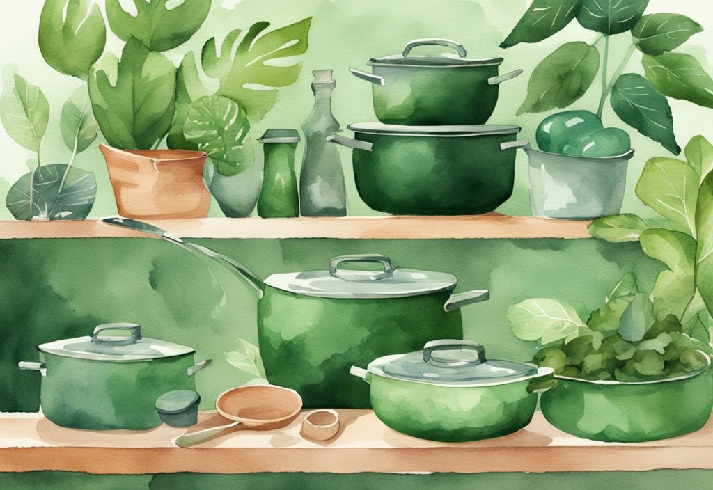 Modern watercolor illustration of green-themed Figment cookware non toxic, featuring pots, pans, and lids surrounded by leaves and plants.