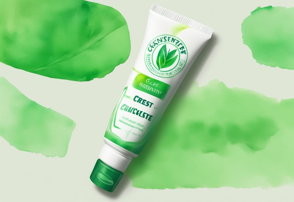 Modern watercolor illustration of Crest toothpaste tube with radiant glow and green checkmark emblem, highlighting Crest cruelty free status.