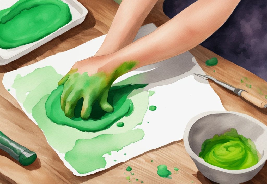 Modern watercolor illustration of hands kneading bright colored, non-toxic playdough on a wooden table, demonstrating how to make non toxic playdough.