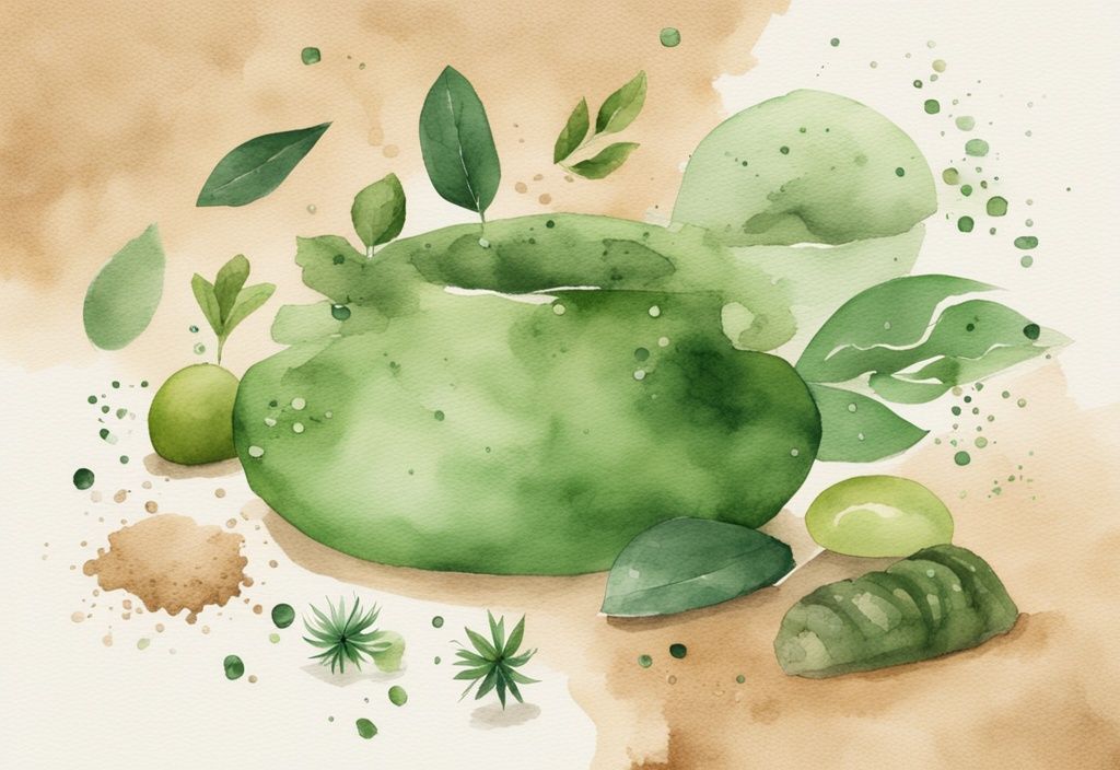 Modern green watercolor illustration of natural ingredients on clay surface with breeze stirring loose particles