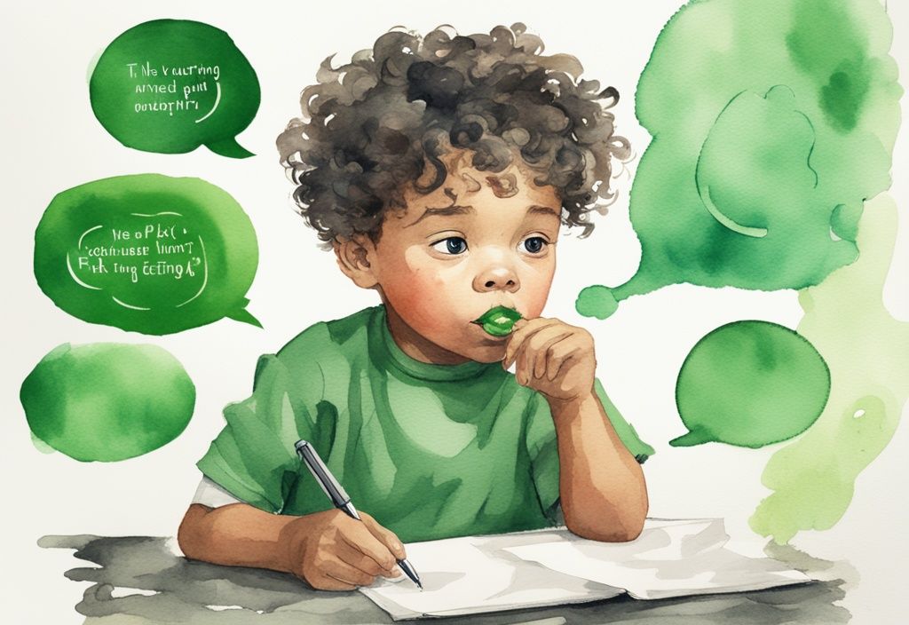 Curious child pondering "is pen ink poisonous if eaten" with a pen near mouth, green watercolor illustration.