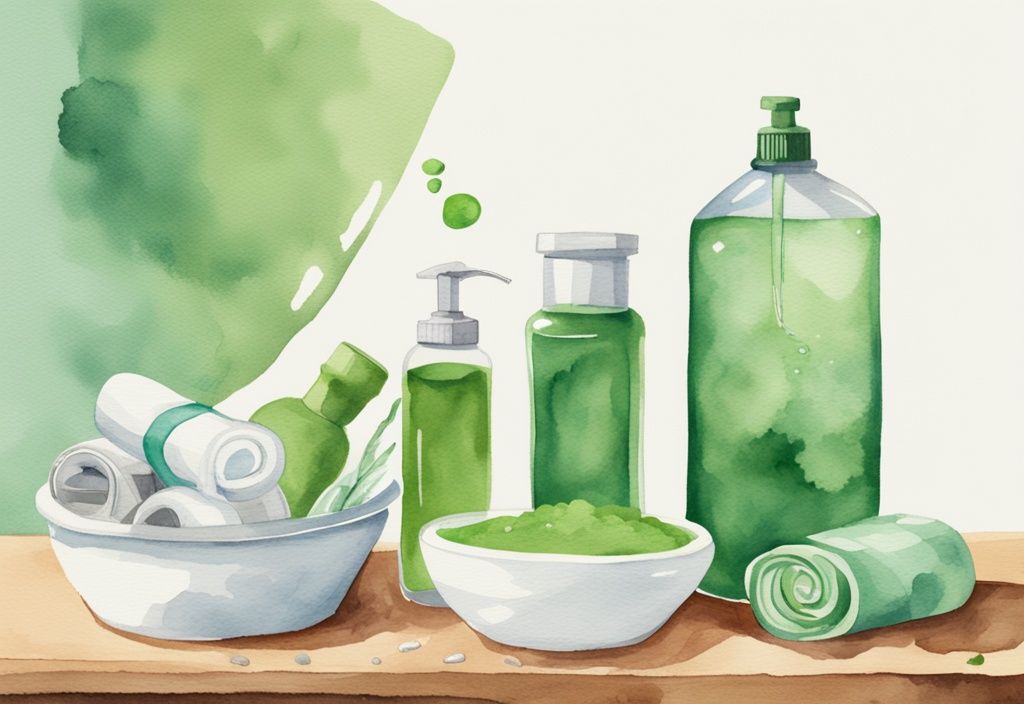 Modern watercolor illustration of how to make non toxic laundry detergent with natural ingredients like baking soda, vinegar, essential oils, mixing bowl, and liquid dispenser.