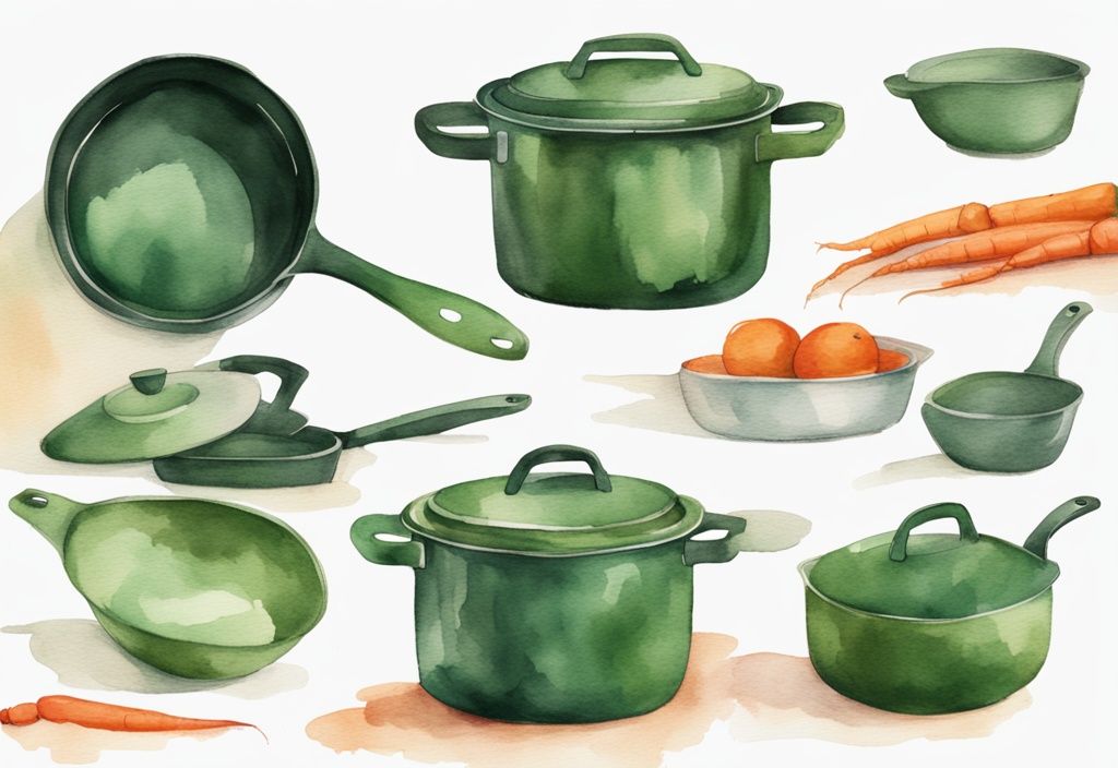 Modern green watercolor illustration of Carote cookware non toxic label, showcasing eco-friendly materials.