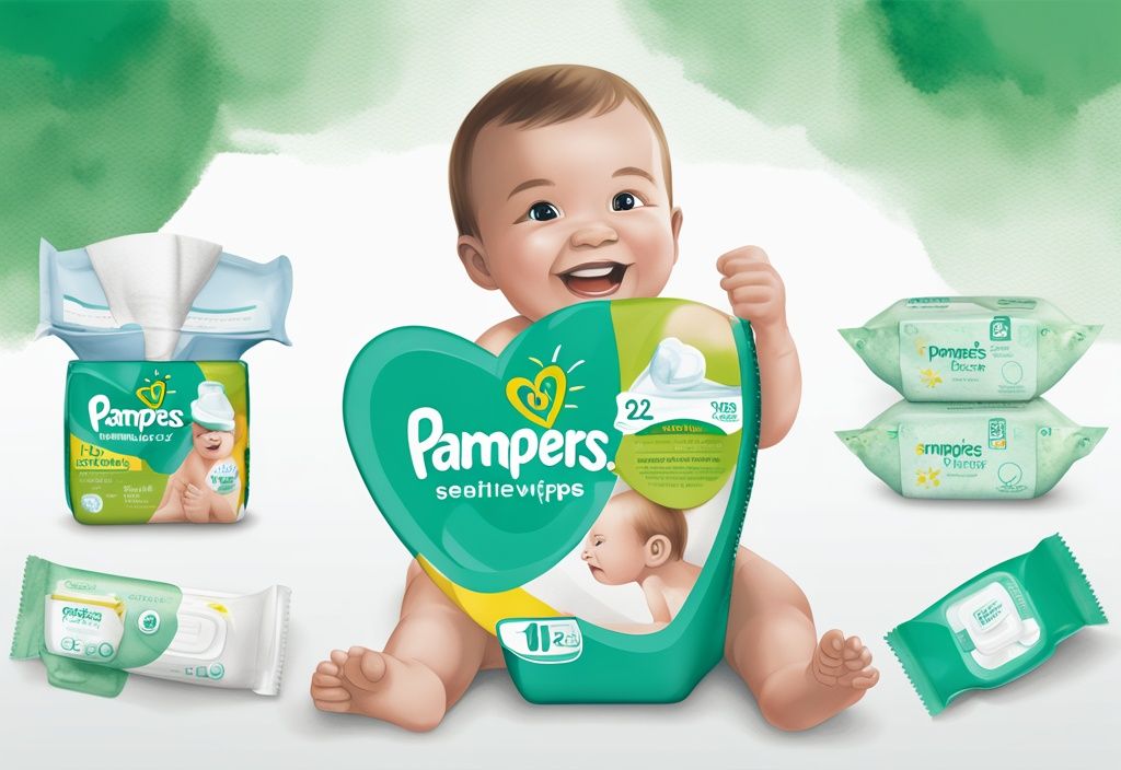 Modern watercolor illustration of opened Pampers Sensitive Wipes package with ingredient list displayed, green color theme.