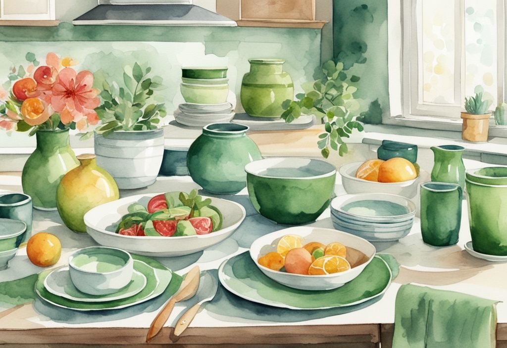 Modern watercolor illustration featuring green-themed, colorful non-toxic dinnerware brands on a bright kitchen table.