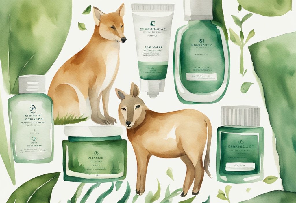 Modern watercolor illustration of Skinceuticals products with green theme, surrounded by peaceful animals, highlighting Skinceuticals cruelty free.