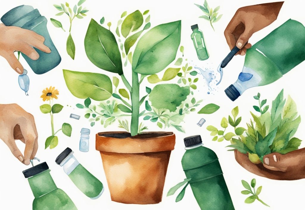 Modern watercolor illustration of hands planting a seedling in a recycled pot, surrounded by items representing sustainable practices like a bicycle, solar panels, and a reusable water bottle.