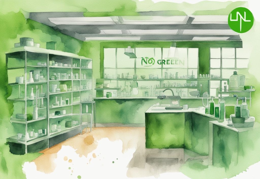 Modern watercolor illustration of a green-themed laboratory with a 'no' symbol overlay, featuring the Ilia logo and 'Cruelty-Free' text.