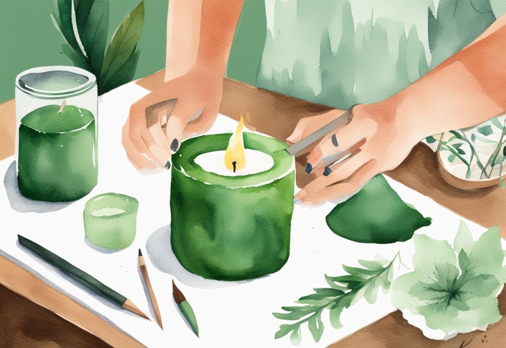 Modern watercolor illustration of hands crafting a non-toxic candle with natural ingredients on a green-themed table.