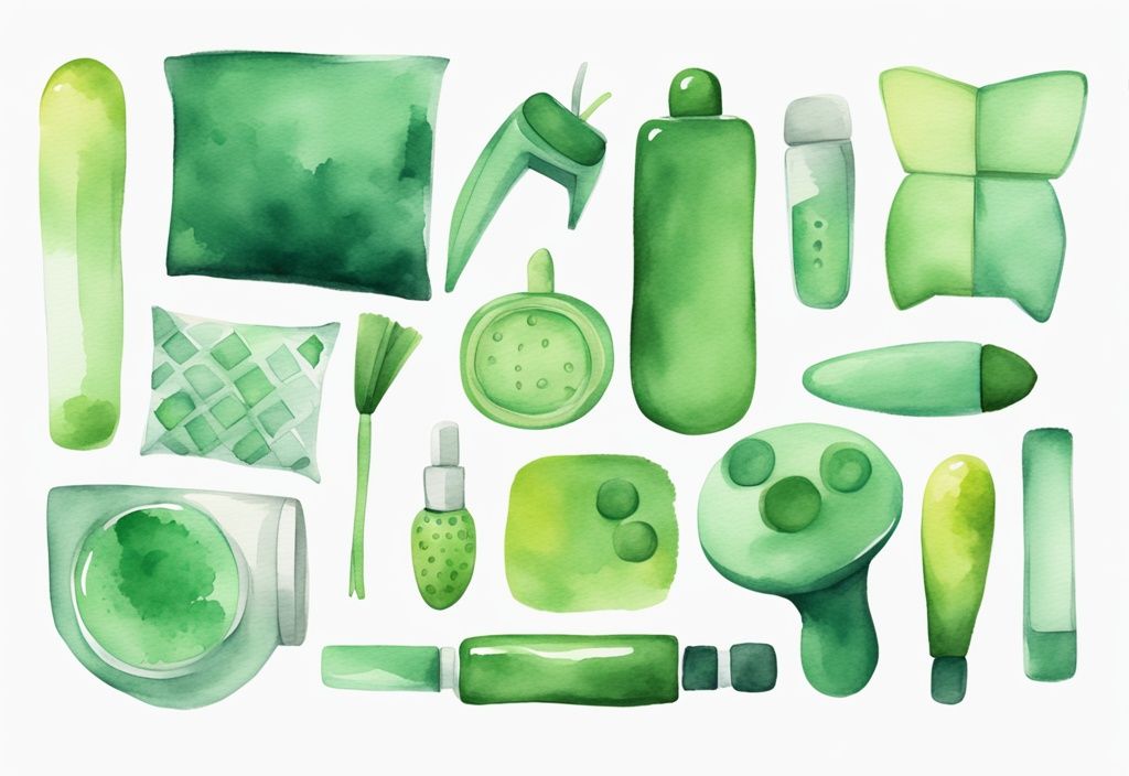 Modern green watercolor illustration showcasing colorful non-toxic sex toys on a white background.