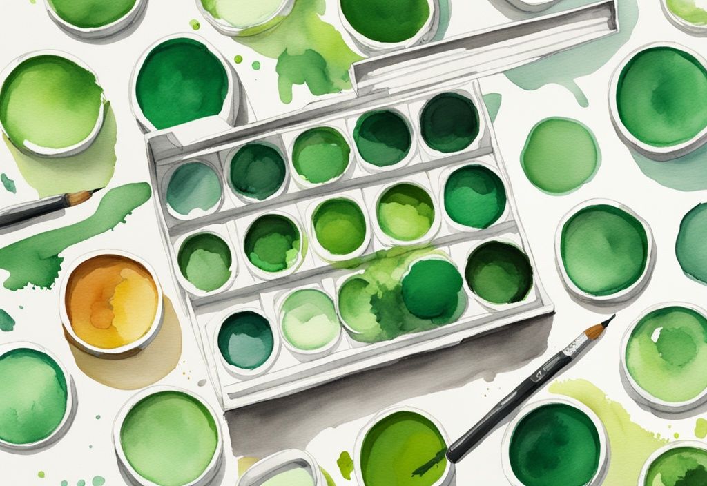 Modern watercolor illustration of best non toxic acrylic paint tubes in an open artist’s paintbox, with a green color theme.