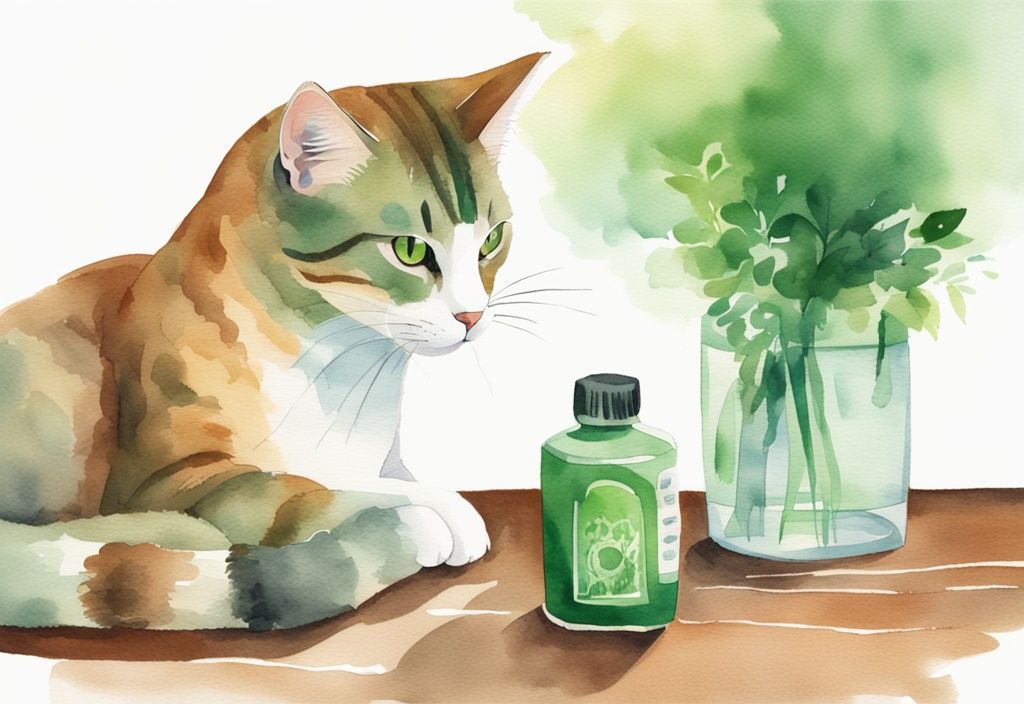 Modern watercolor illustration of a green-themed living room with a domestic cat sniffing an Air Wick air freshener on a table