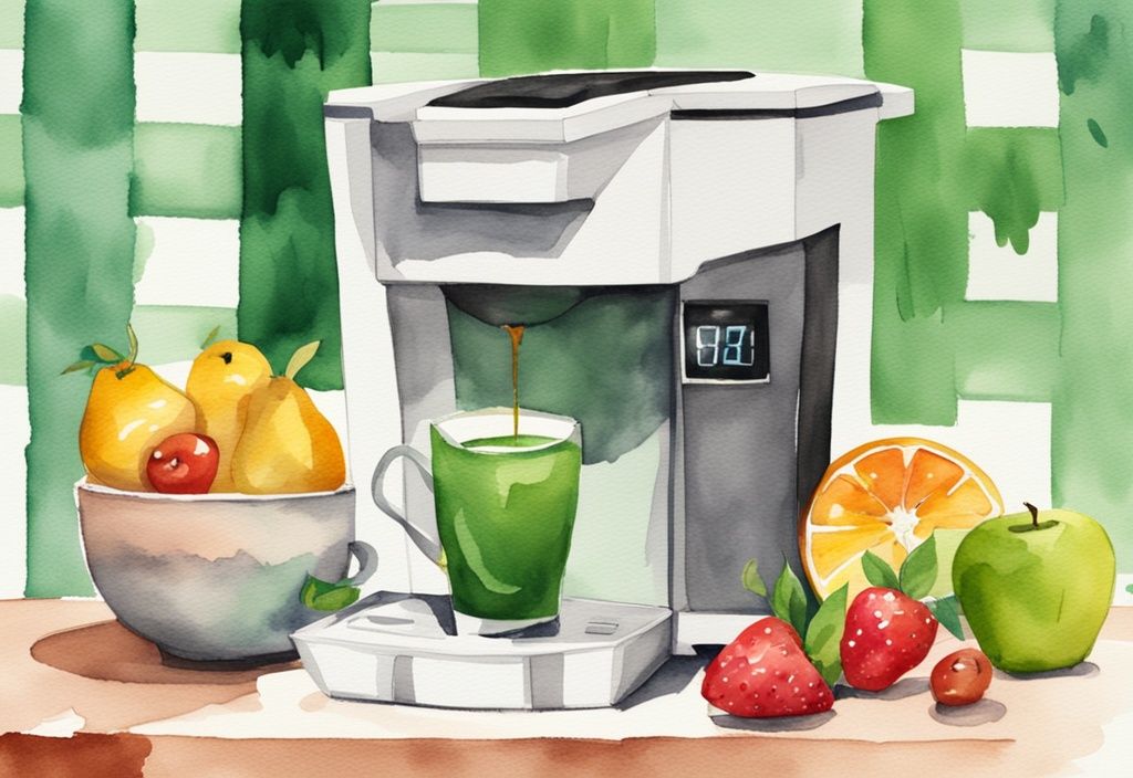 Modern watercolor illustration of a green-themed Keurig coffee machine with fresh fruits, measuring tape, and a bright green health check mark.