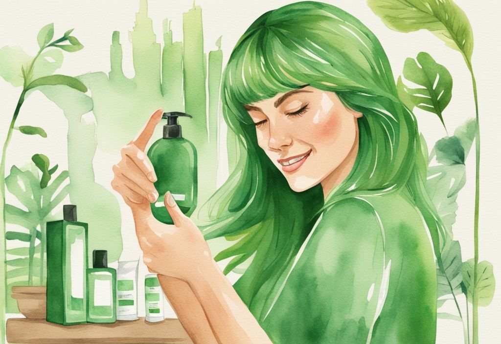 Modern watercolor illustration of serene person with shiny hair applying native shampoo, green theme, thumbs up symbol.