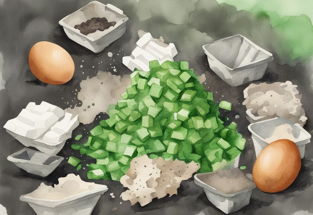 Modern watercolor illustration of a green-themed compost pile with egg cartons breaking down, answering the question can egg cartons be composted.