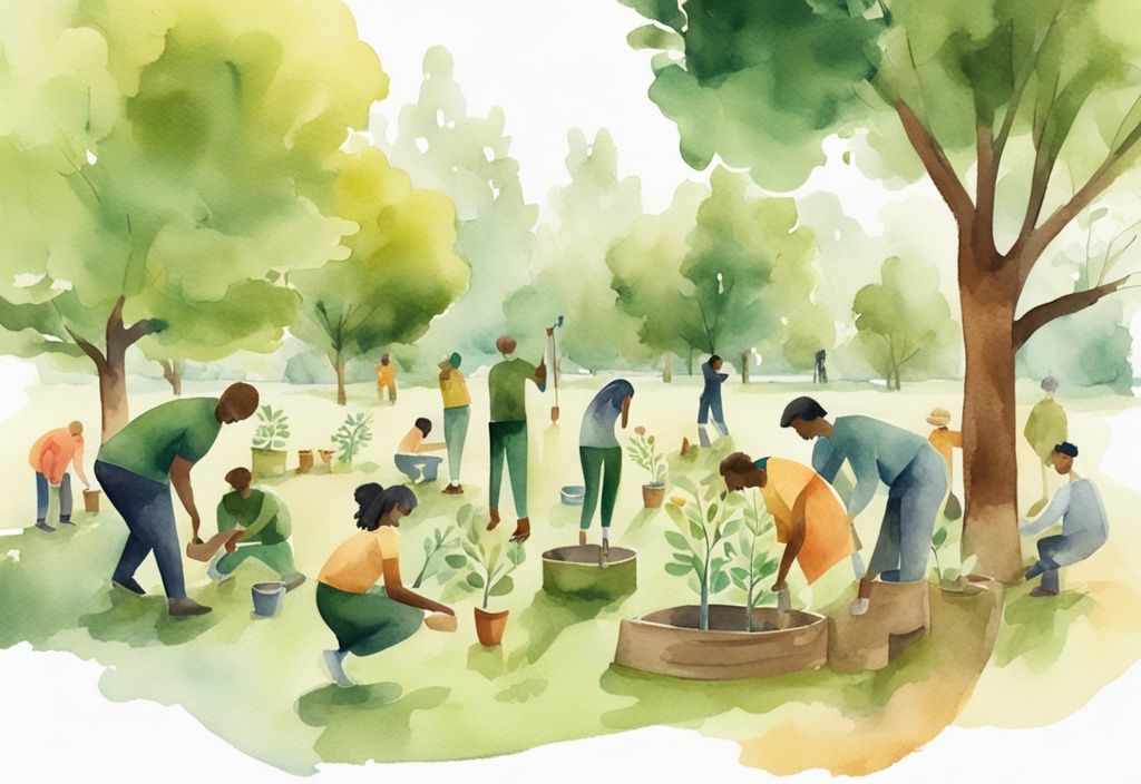 Modern watercolor illustration of diverse people planting trees in a sunny park, eco-friendly activity, green theme.