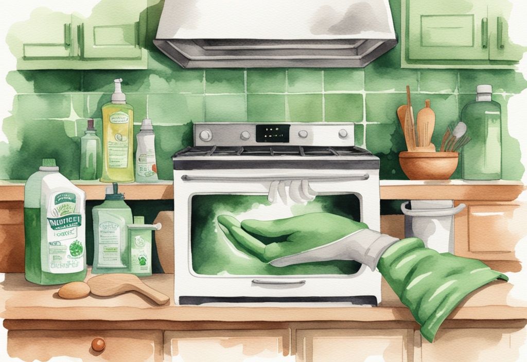 Modern watercolor illustration of gloved hands holding natural cleaning supplies like baking soda and vinegar in front of an open oven, demonstrating how to clean oven non toxic.