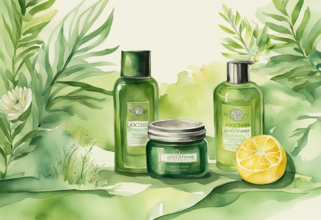 Modern watercolor illustration of green-themed L'Occitane products with a happy animal in a serene natural setting.