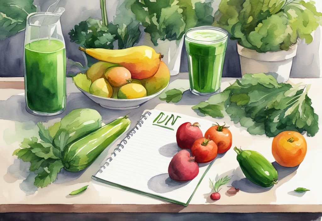 Modern watercolor illustration of colorful organic fruits and vegetables on a bright countertop with a glass of green juice and a note reading "Non toxic diet