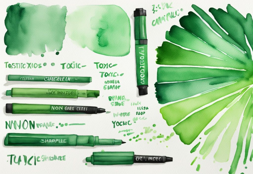 Modern watercolor illustration with green theme, colorful Sharpie markers divided into "non-toxic" and "toxic" sides, addressing the question: are Sharpies non toxic?