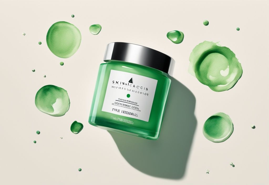 Modern watercolor illustration of Skinceuticals Triple Lipid Restore cream jar with green theme, customer review stars, and comments scattered on a clean background.