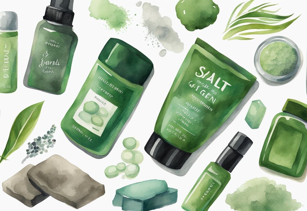 Modern watercolor illustration of green-themed natural deodorants and powders made from salt and stone, emphasizing non-toxic qualities.