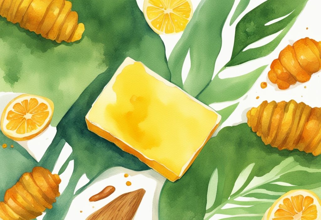 Modern watercolor illustration of a person holding a bright yellow-orange bar of turmeric soap with visible turmeric chunks, surrounded by floating turmeric roots and leaves, highlighting turmeric soap benefits for skin.