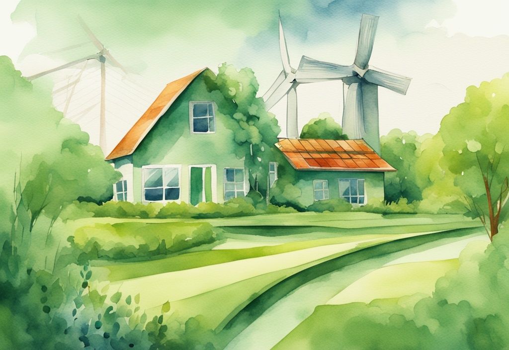 Modern watercolor illustration of a green landscape with an eco-friendly house, solar panels, and a windmill, symbolizing renewable energy.