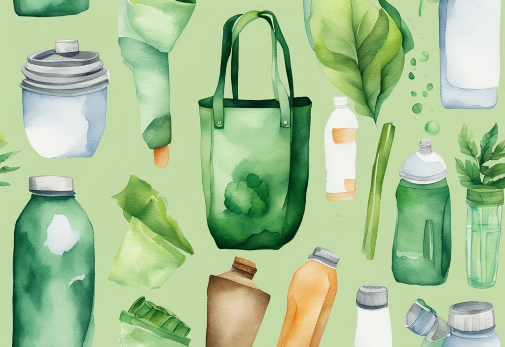 Modern watercolor illustration of green-themed reusable items like grocery bags, water bottles, and biodegradable products representing a zero waste lifestyle.